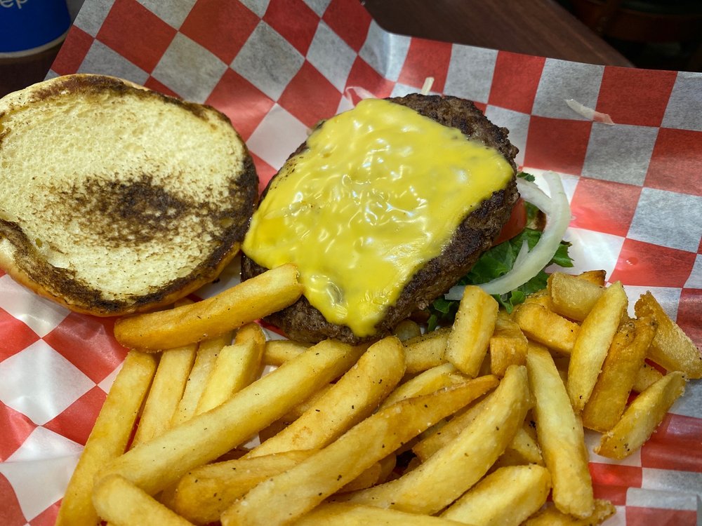 Driller burger with cheese and fries