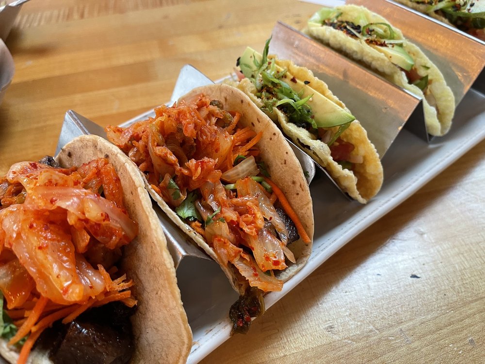 Korean short ribs and tuna poke tacos