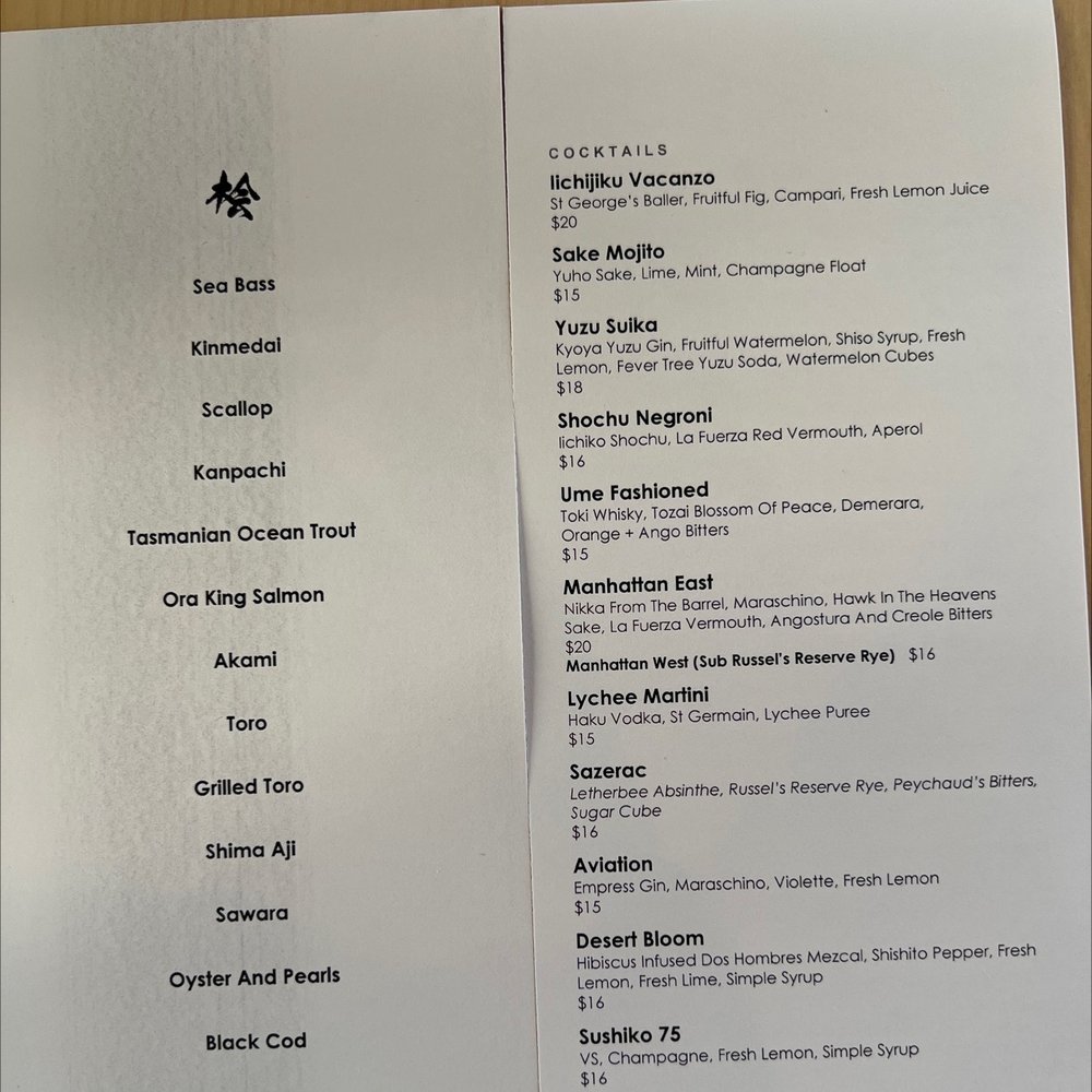 Omakase menu and cocktails