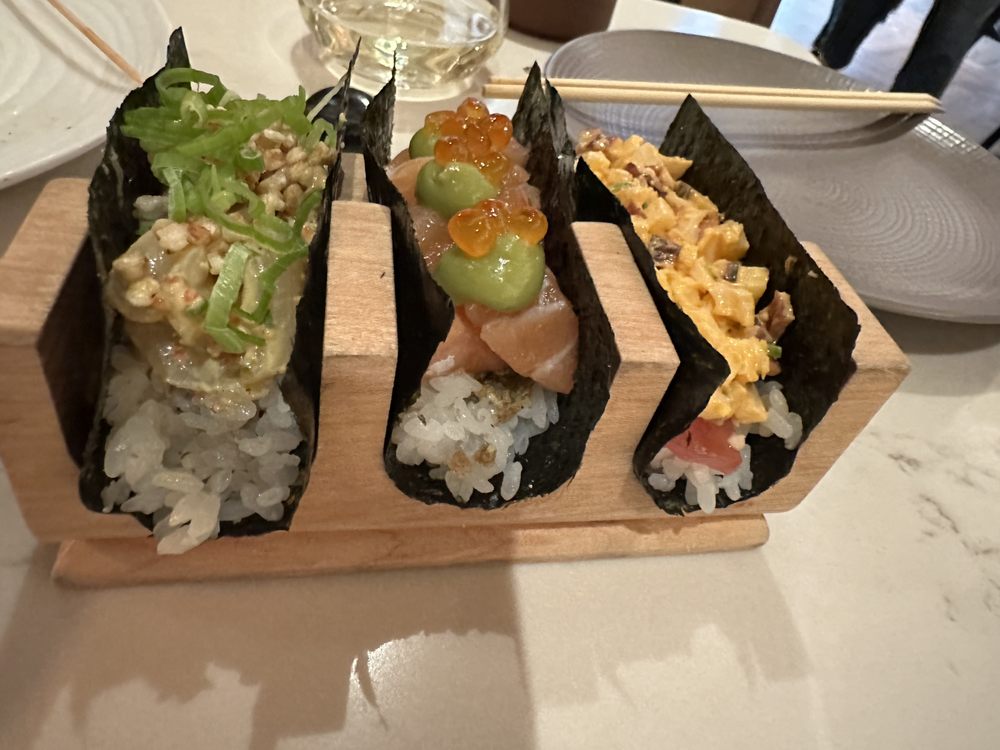 Three piece handroll set: scallop, salmon, spicy tuna