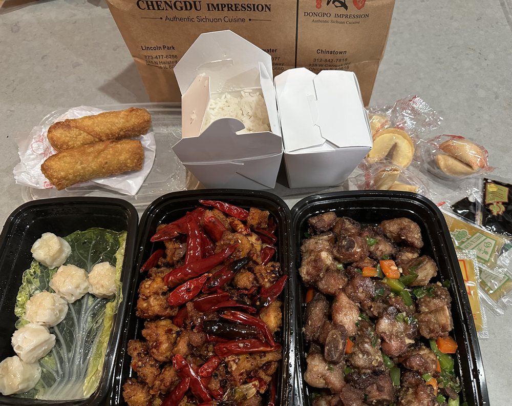 Delivery - spring rolls, shu-mai, dry chili chicken, salt and pepper ribs