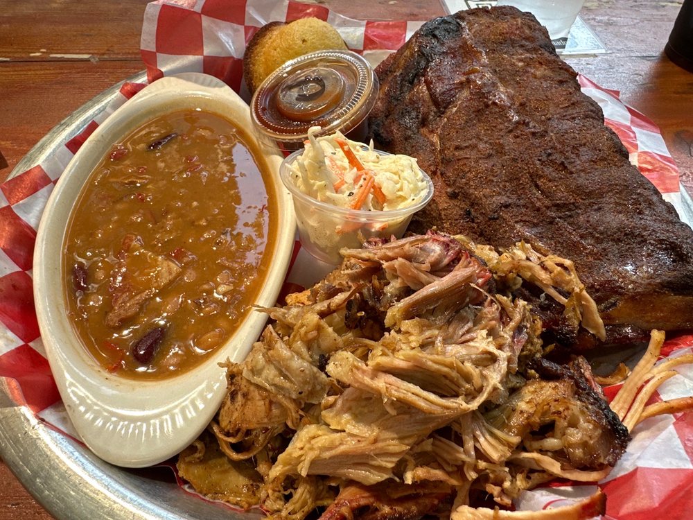 BBQ Combo with pork and ribs, beans, coleslaw, corn muffin